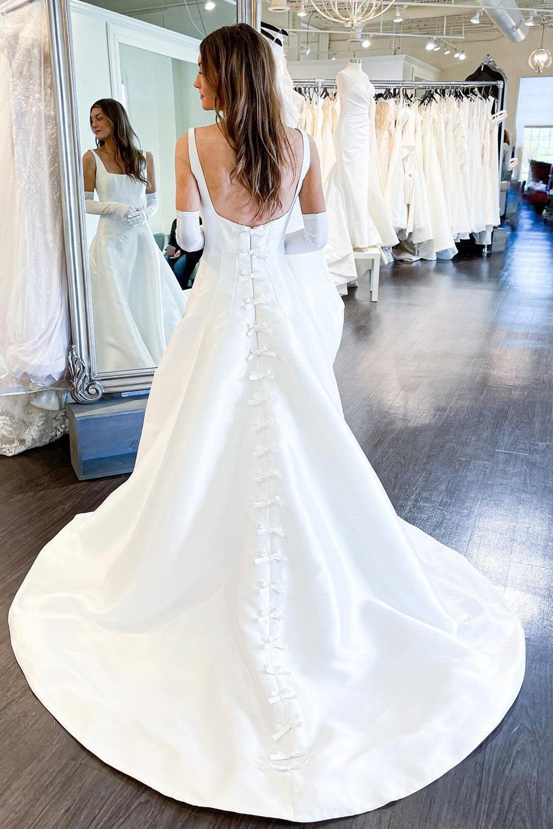 back of White Square Neck A-Line Wedding Dress with Bows