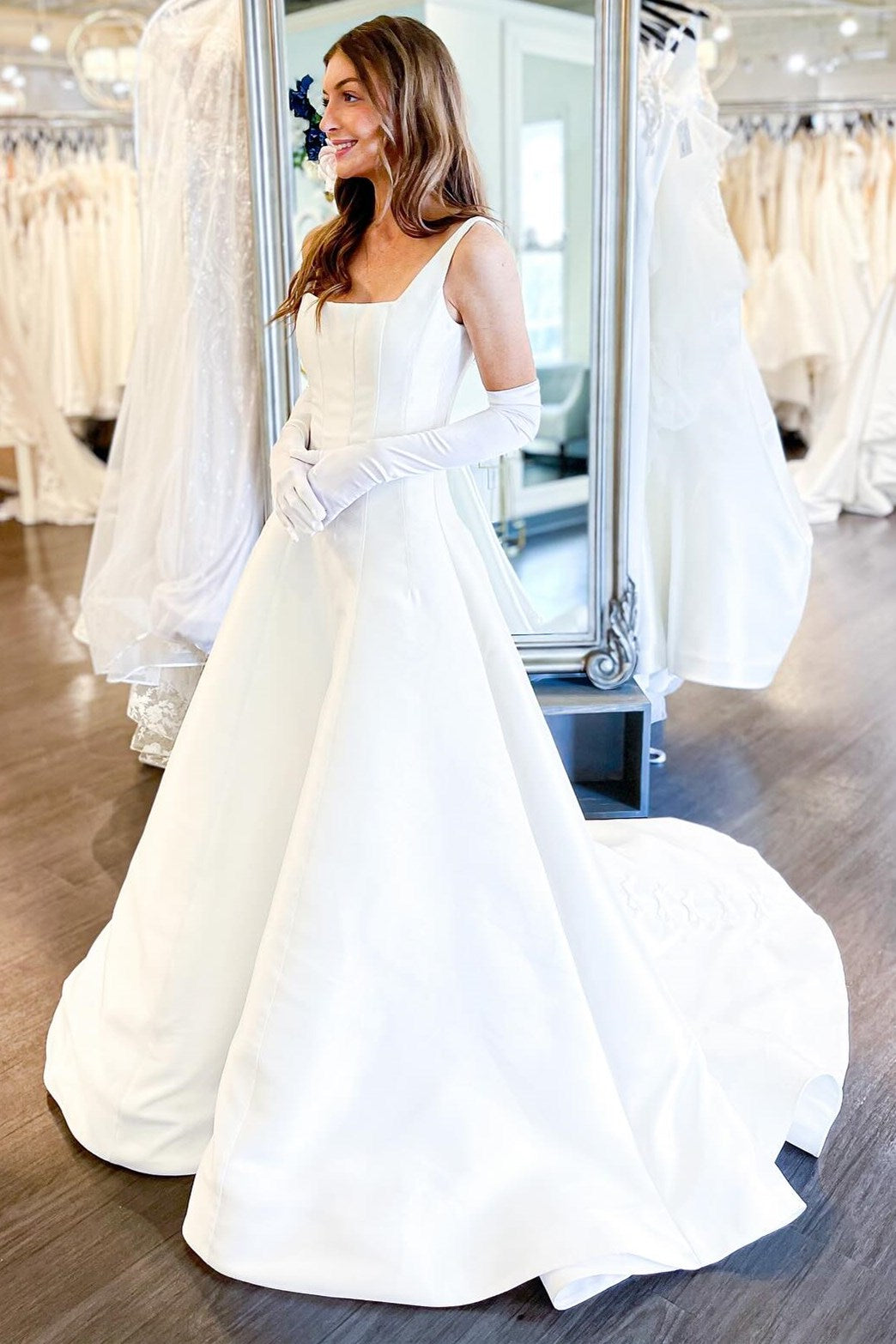 White Square Neck A-Line Wedding Dress with Bows