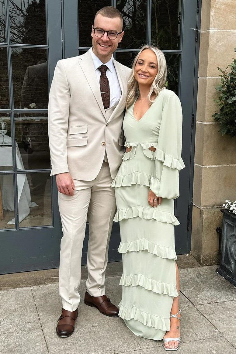 Sage Green V-Neck Ruffle Maxi Dress with Balloon Sleeves Modsele Sage Green V-Neck Ruffle Maxi Dress with Balloon Sleeves Modsele