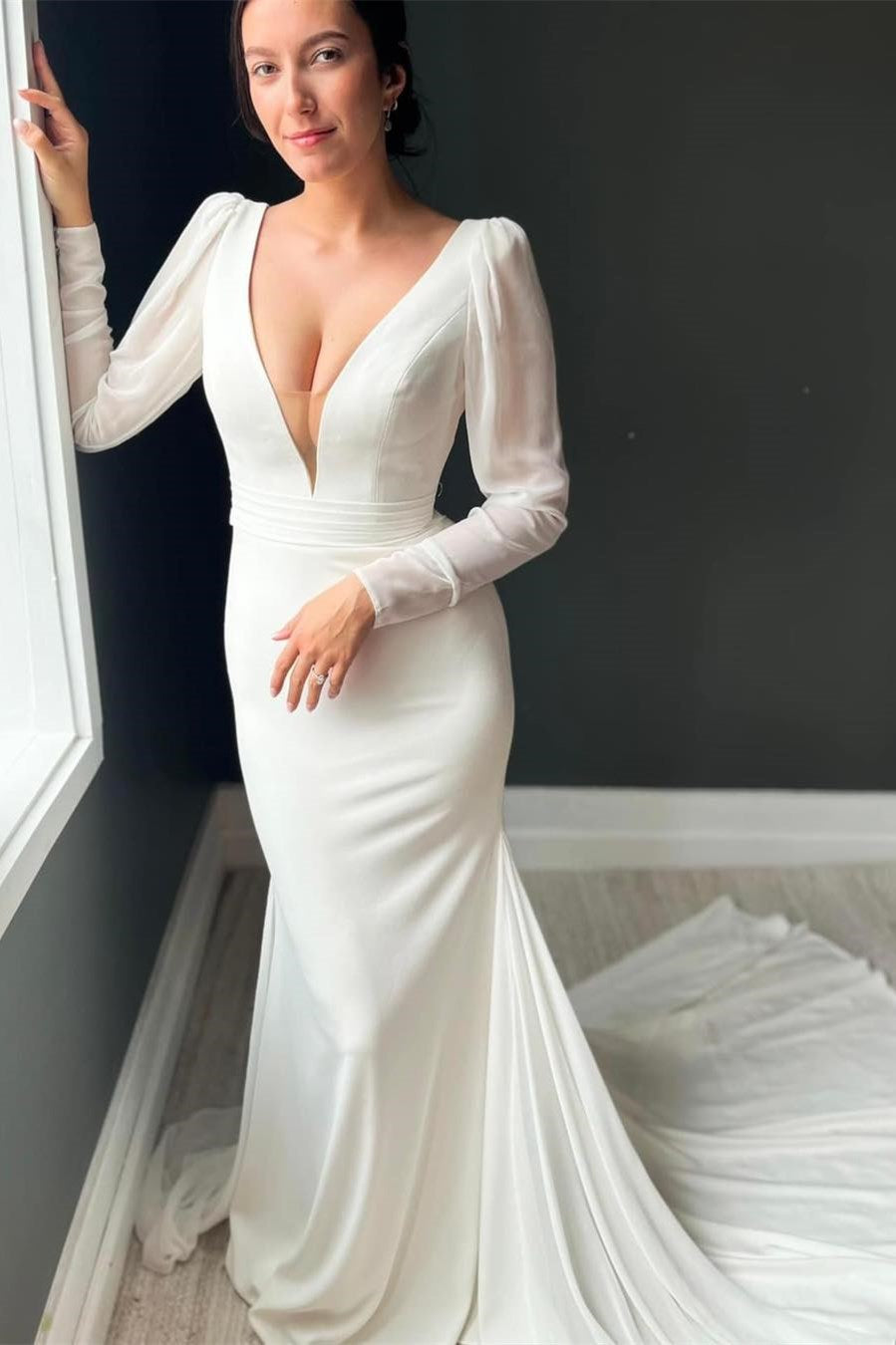 princess polly baby blue dress Square-Neck Long-Sleeves A-Line Boho Beach Wedding Dress Simple Satin –  Laxag main image 0