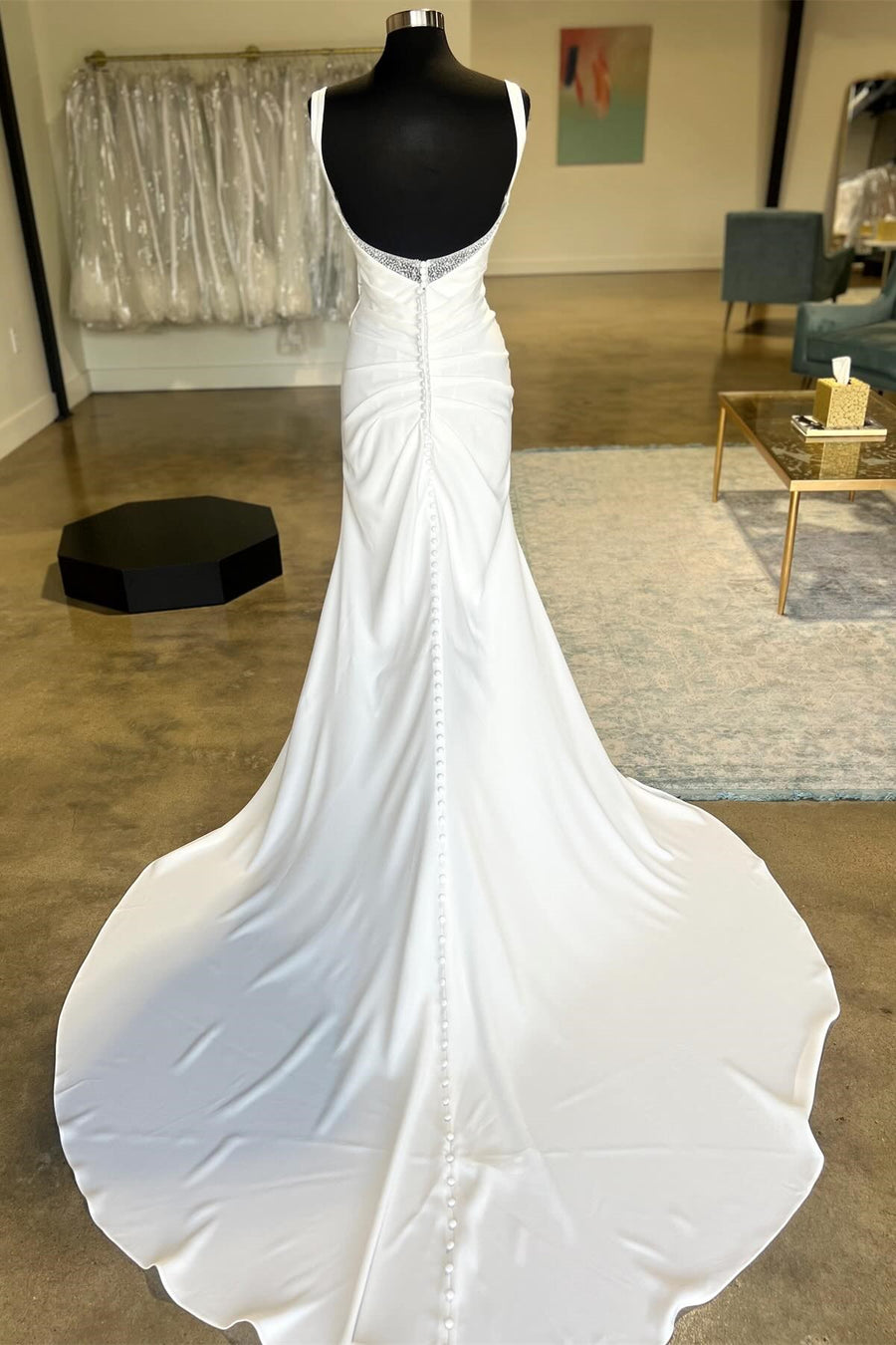 back of White Backless Ruched Wedding Dress with Detachable Sleeves