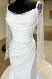 White Backless Ruched Wedding Dress with Detachable Sleeves