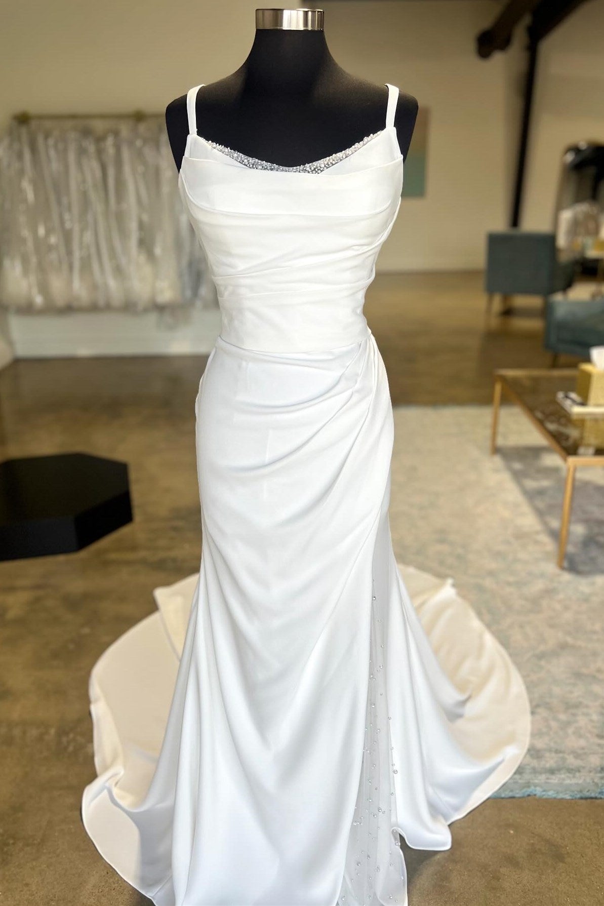 White Backless Ruched Wedding Dress with Detachable Sleeves