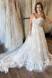 Ivory Strapless A-Line Wedding Dress with Floral Appliques