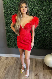 Red Appliques Plunge V Mini Homecoming Dress with Feathers