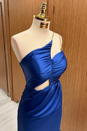 top of Royal Blue Satin Asymmetrical Cutout Maxi Dress