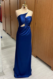 Royal Blue Satin Asymmetrical Cutout Maxi Dress