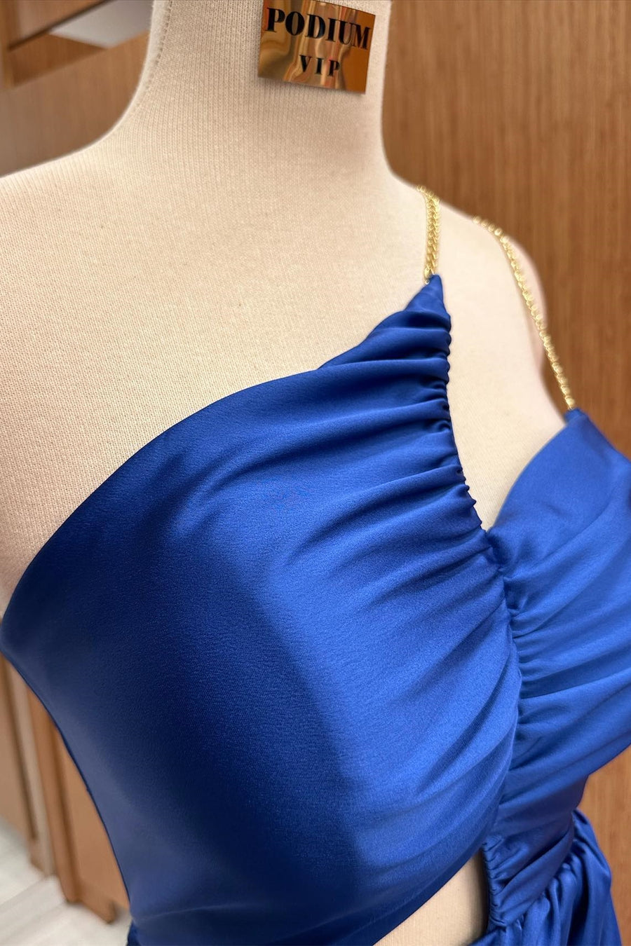 Royal Blue Satin Asymmetrical Cutout Maxi Dress