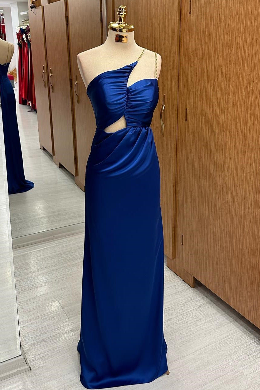 Royal Blue Satin Asymmetrical Cutout Maxi Dress