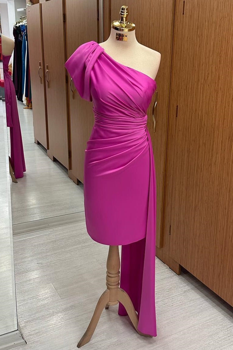 fuchsia one shoulder dress Fuchsia One-Shoulder Ruched Midi Dress with Attached Train – Modsele