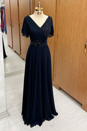 Navy Blue V-Neck Beaded Embroidery Mother'Gown