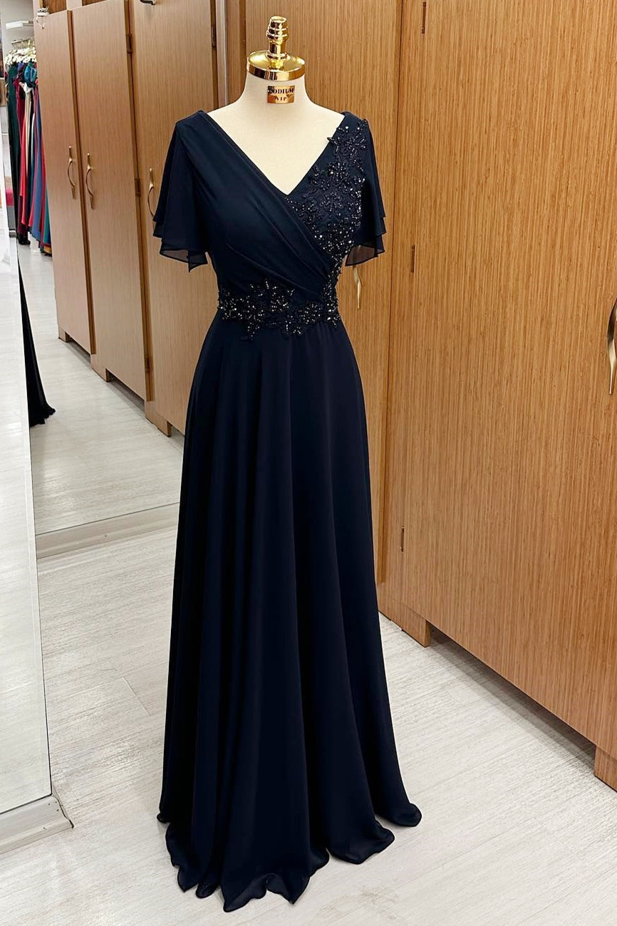 Navy Blue V-Neck Beaded Embroidery Mother'Gown