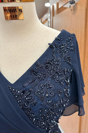 Navy Blue V-Neck Beaded Embroidery Mother'Gown