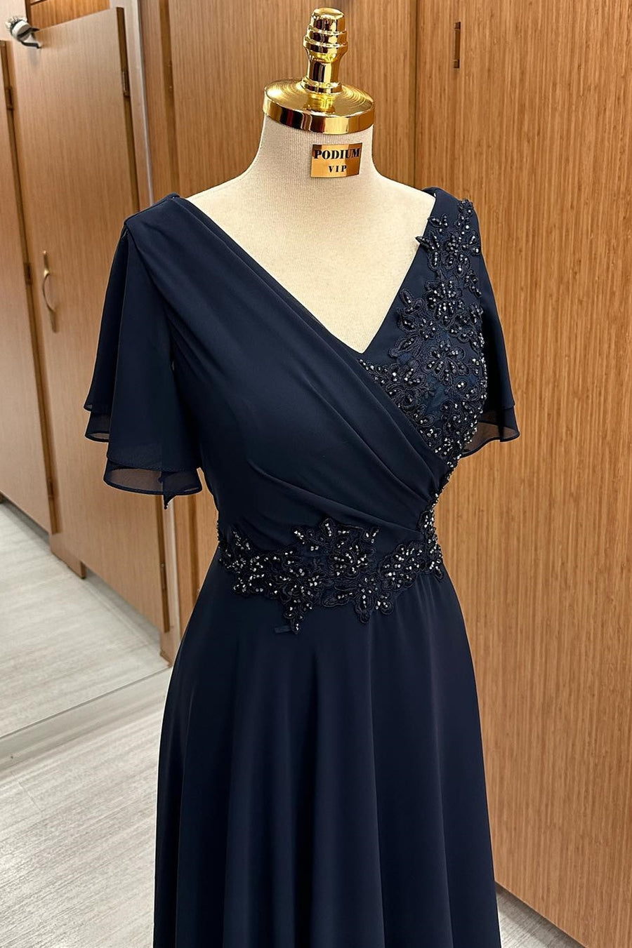 Navy Blue V-Neck Beaded Embroidery Mother'Gown