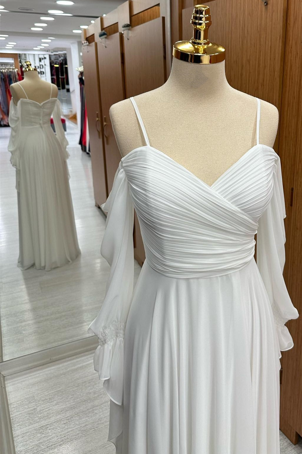 White Cold-Shoulder Chiffon Bridesmaid Dress