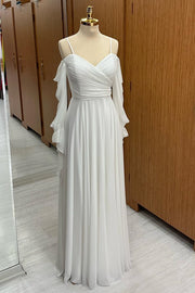 White Cold-Shoulder Chiffon Bridesmaid Dress