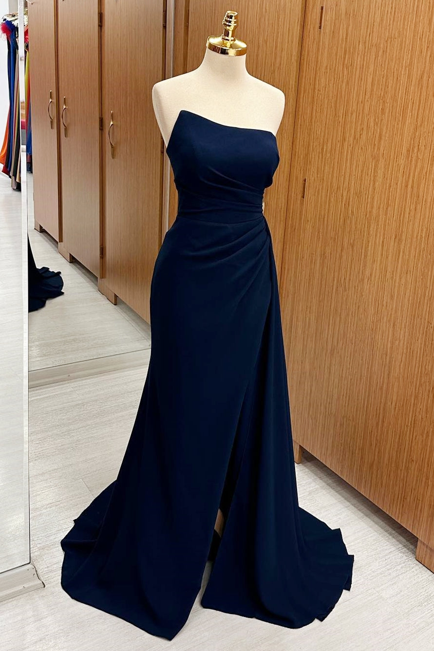 Strapless Ruched Bridesmaid Dress with Slit and Attached Train in navy blue