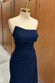 Strapless Ruched Bridesmaid Dress with Slit and Attached Train in navy blue