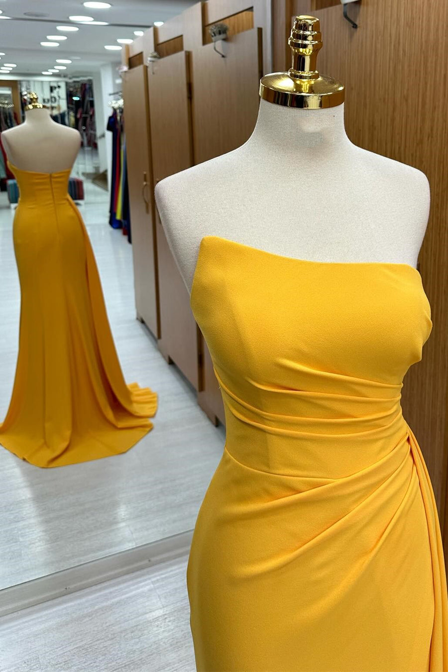 Strapless Ruched Bridesmaid Dress with Slit and Attached Train in mustard yellow