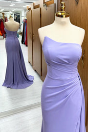 Strapless Ruched Bridesmaid Dress with Slit and Attached Train in lavender