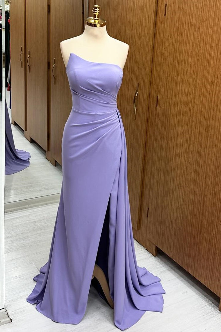 Strapless Ruched Bridesmaid Dress with Slit and Attached Train in lavender