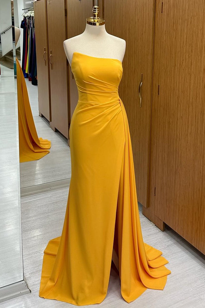 Strapless Ruched Bridesmaid Dress with Slit and Attached Train in mustard yellow