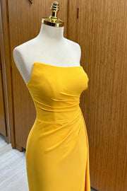 Strapless Ruched Bridesmaid Dress with Slit and Attached Train in mustard yellow
