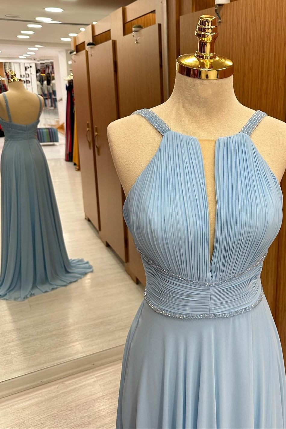 Light Blue Plunging V Beaded Chiffon Wedding Guest Dress