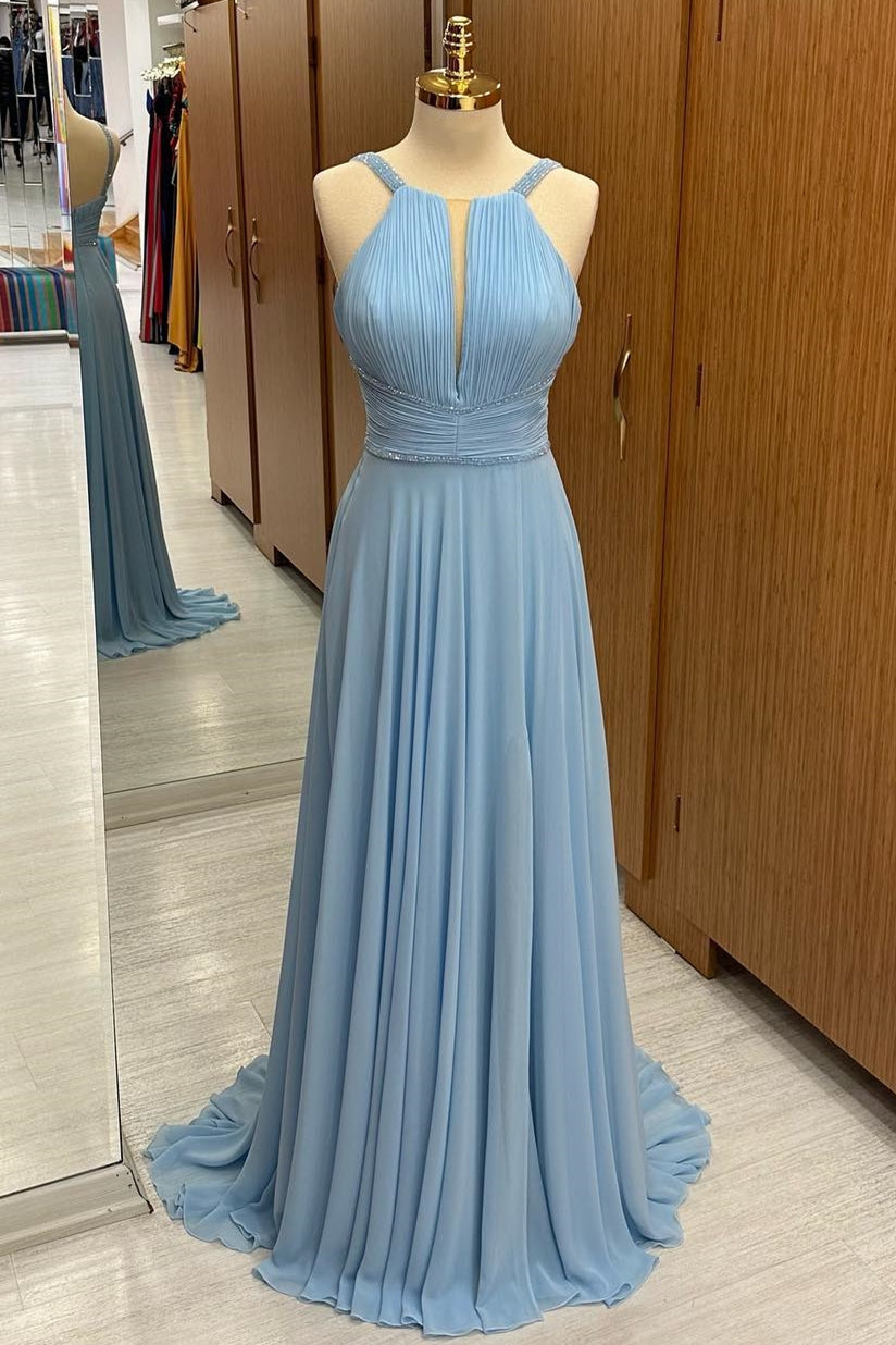 Light Blue Plunging V Beaded Chiffon Wedding Guest Dress