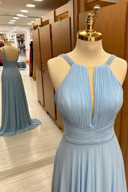 Light Blue Plunging V Beaded Chiffon Wedding Guest Dress