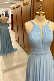 Light Blue Plunging V Beaded Chiffon Wedding Guest Dress