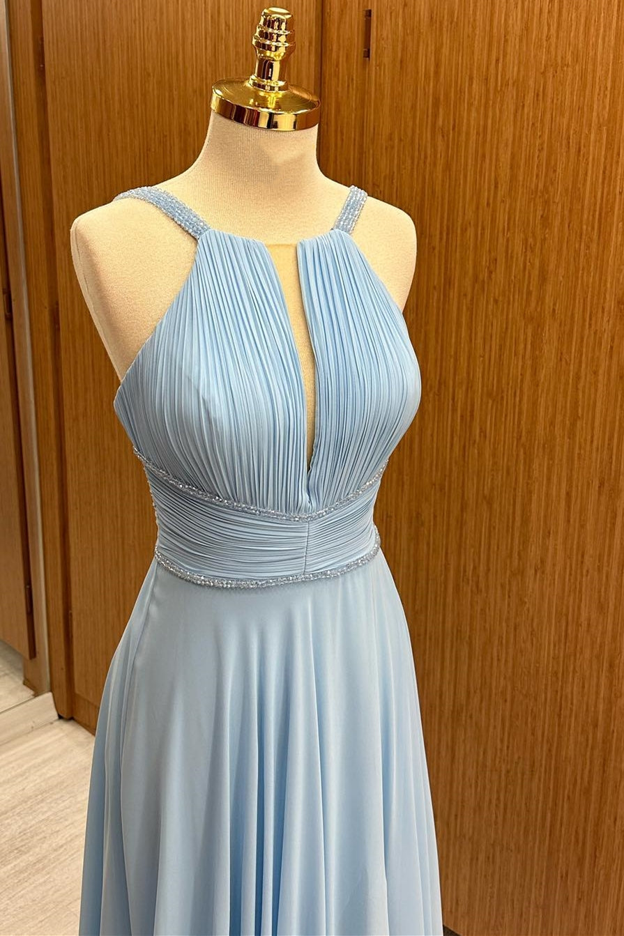 Light Blue Plunging V Beaded Chiffon Wedding Guest Dress