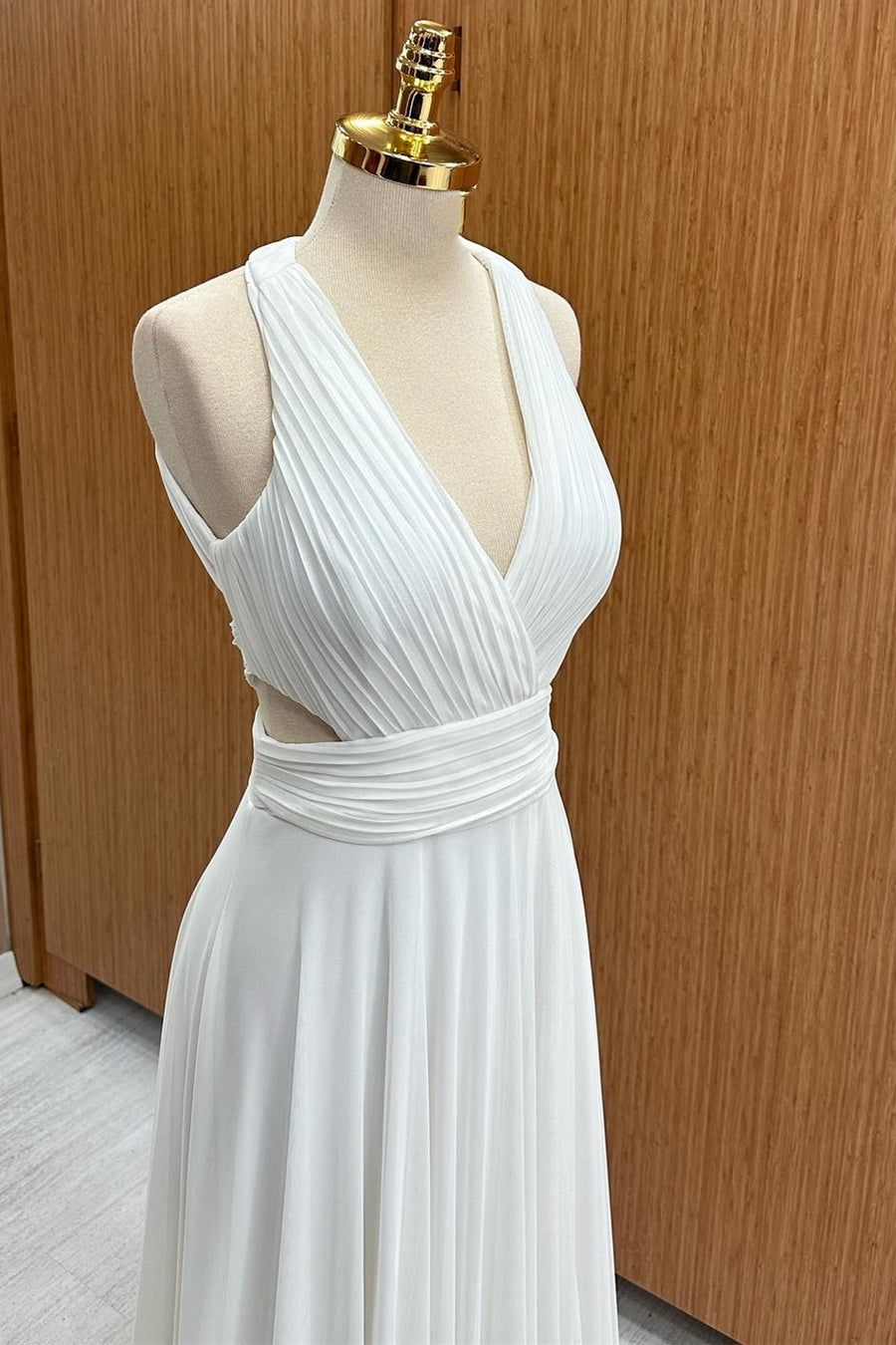 White Halter Cutout Chiffon Wedding Guest Dress