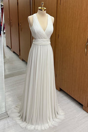 White Halter Cutout Chiffon Wedding Guest Dress