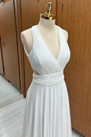 White Halter Cutout Chiffon Wedding Guest Dress