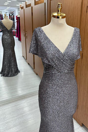 Gray Sequin Surplice Neck Mermaid Mother's Gown