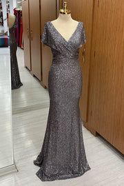 Gray Sequin Surplice Neck Mermaid Mother's Gown