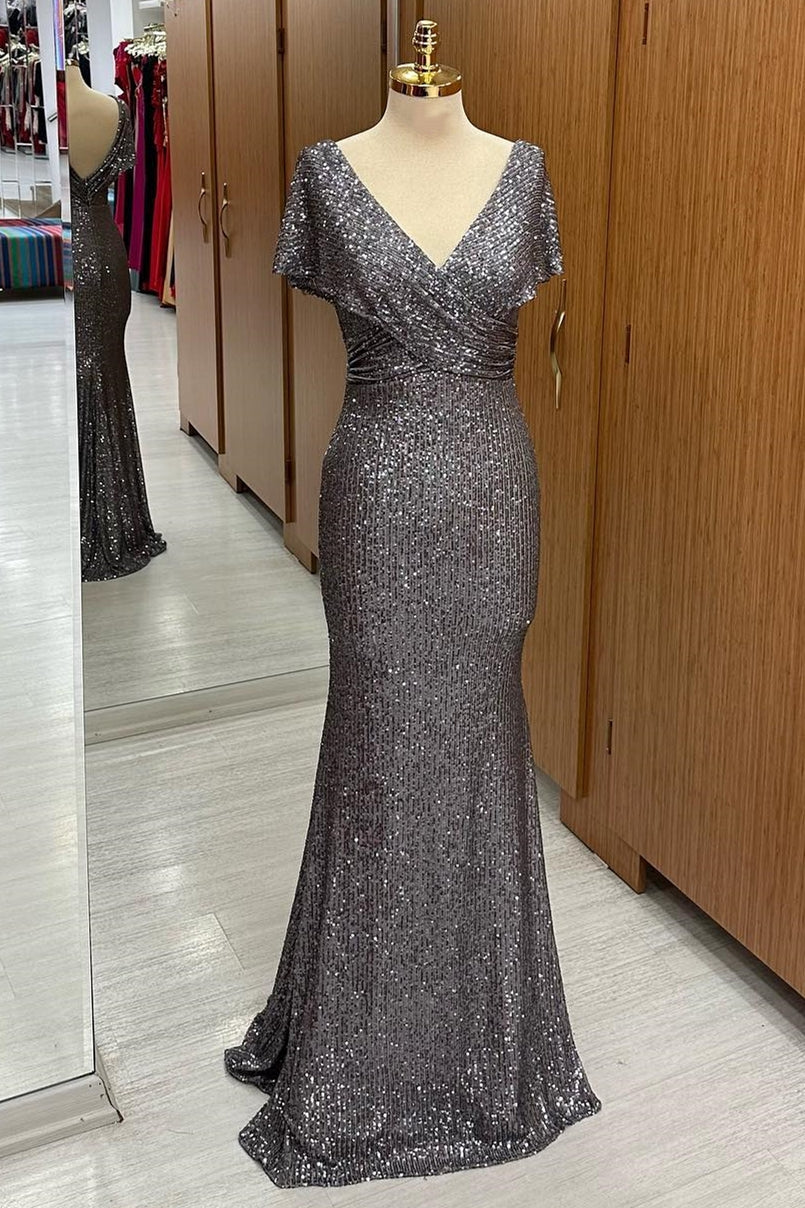 Gray Sequin Surplice Neck Mermaid Mother's Gown