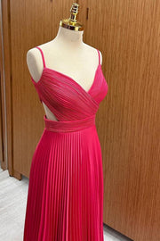 Hot Pink Surplice Neck Pleated Maxi Dress