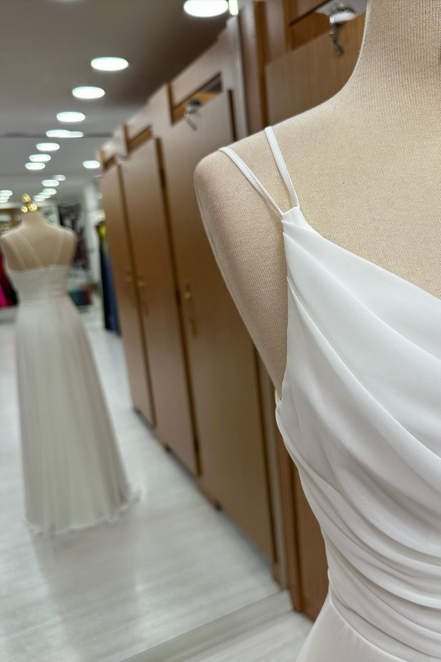 White Cowl Neck Chiffon Bridesmaids with Spaghetti Straps