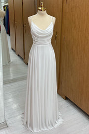 White Cowl Neck Chiffon Bridesmaids with Spaghetti Straps