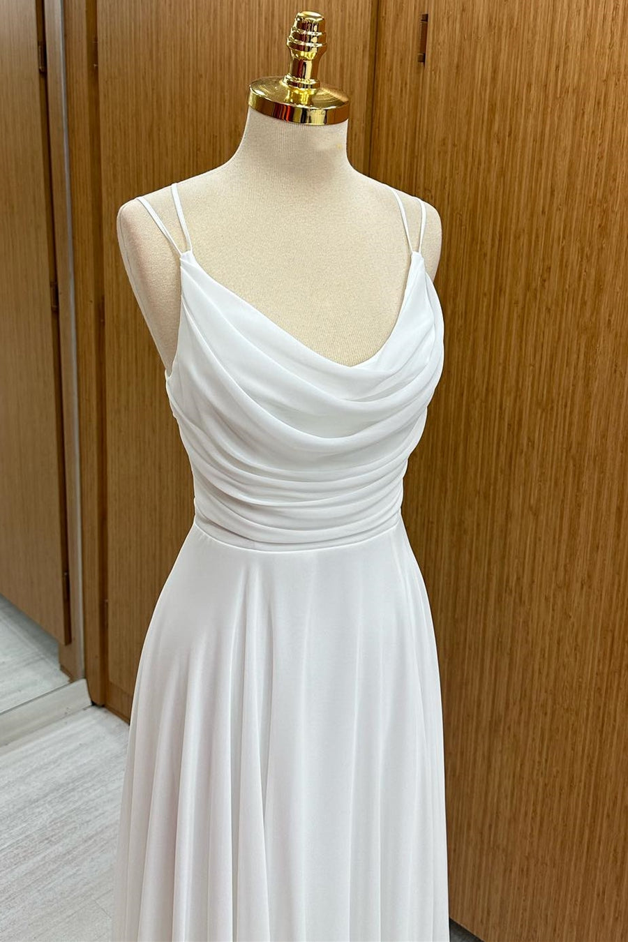 White Cowl Neck Chiffon Bridesmaids with Spaghetti Straps