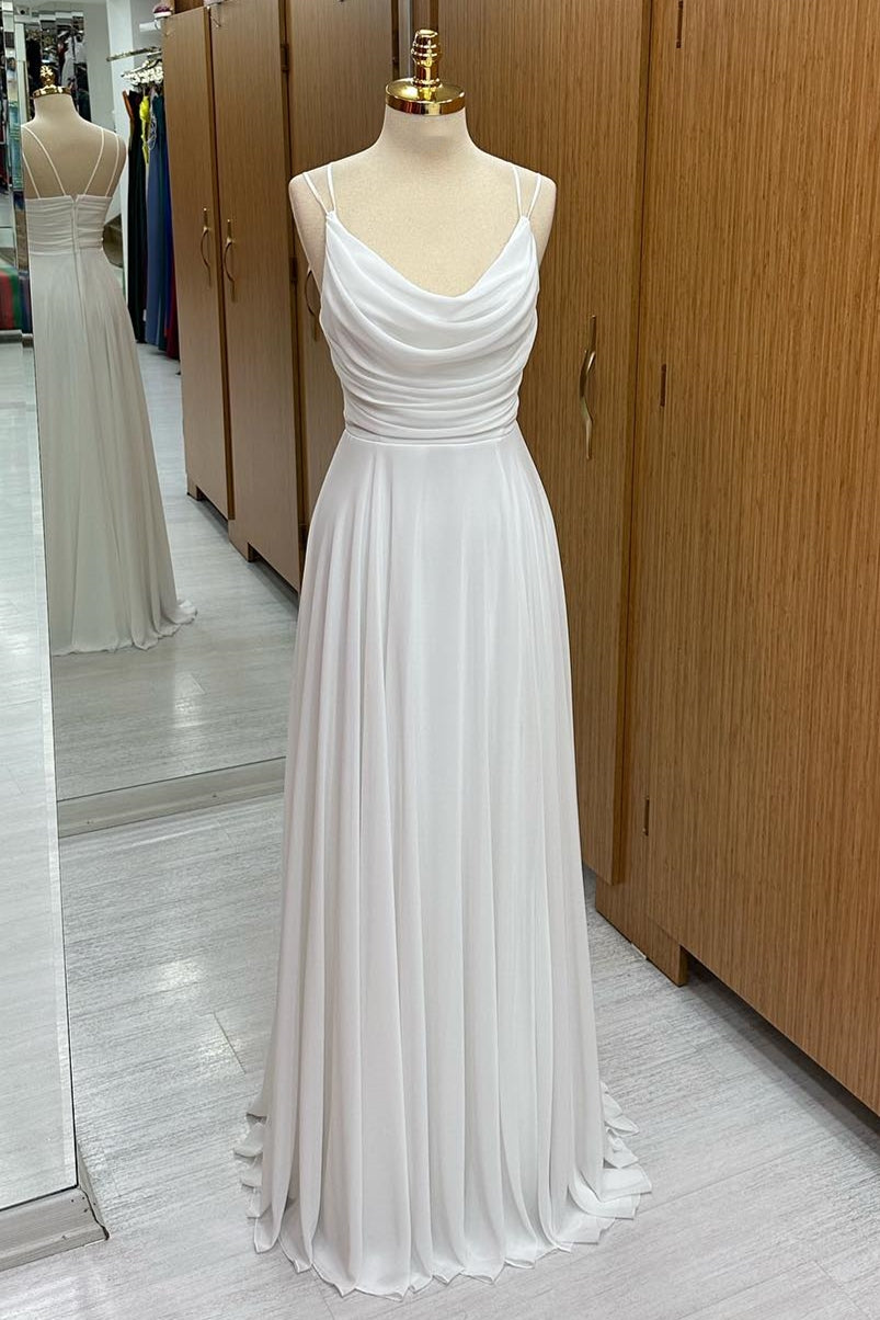 White Cowl Neck Chiffon Bridesmaids with Spaghetti Straps