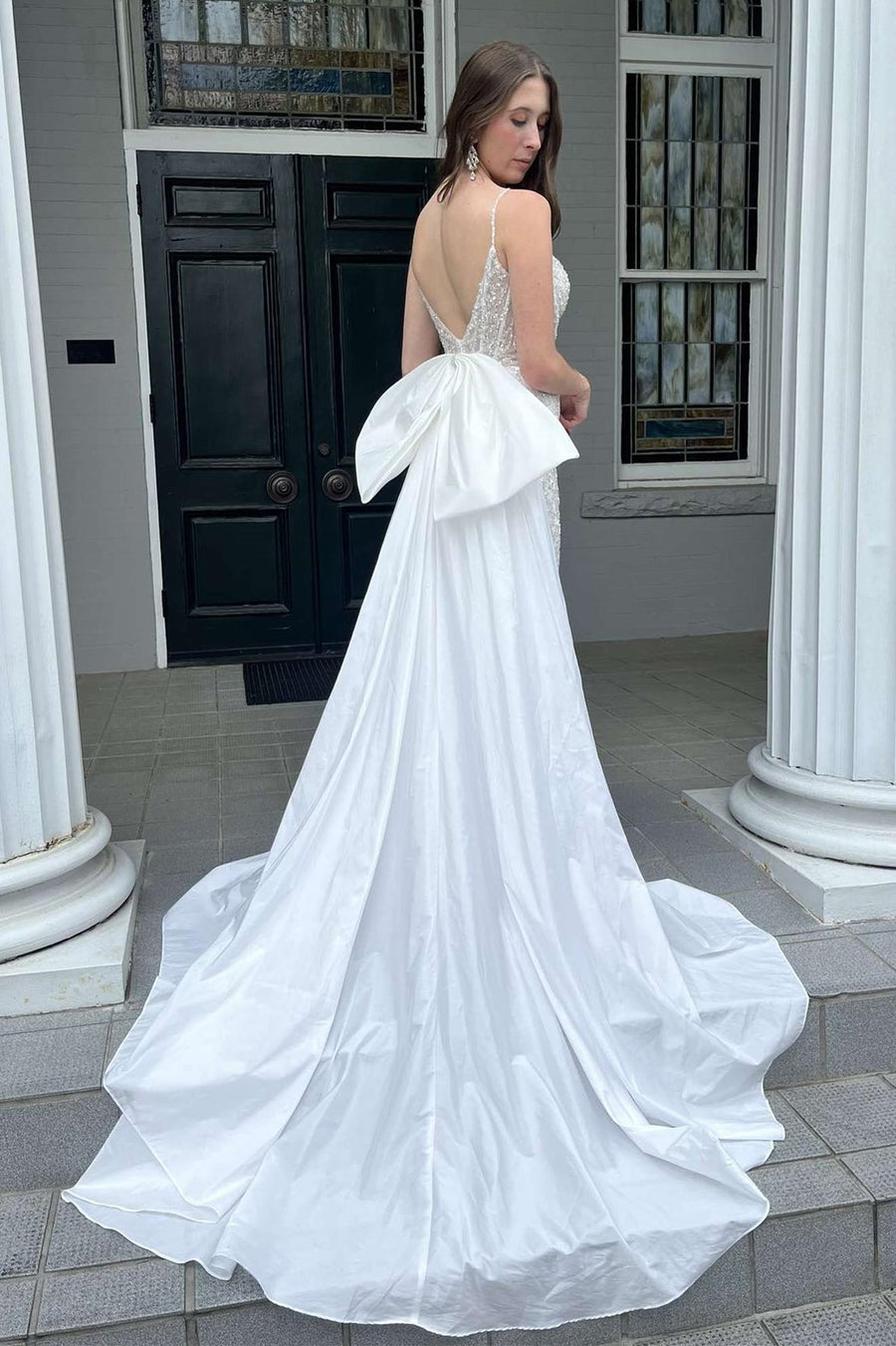 White Glitter Lace Plunge V Mermaid Wedding Dress with Attached Train Modsele White Glitter Lace Plunge V Mermaid Wedding Dress with Attached Train Modsele