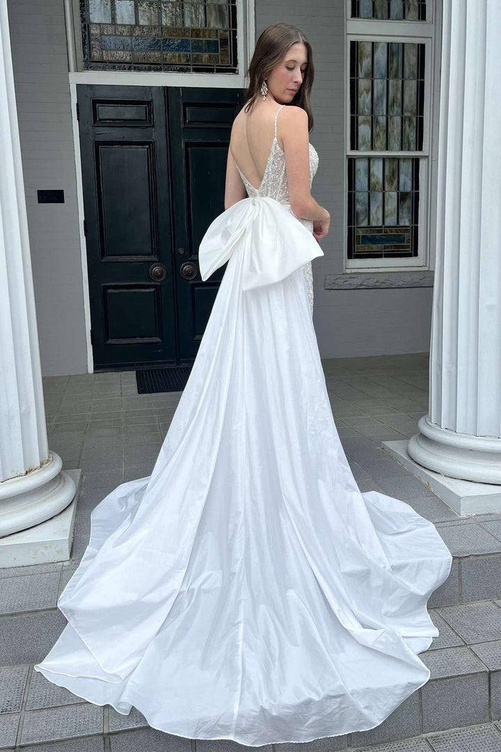 back of White Glitter Lace Plunge V Mermaid Wedding Dress with Attached Train