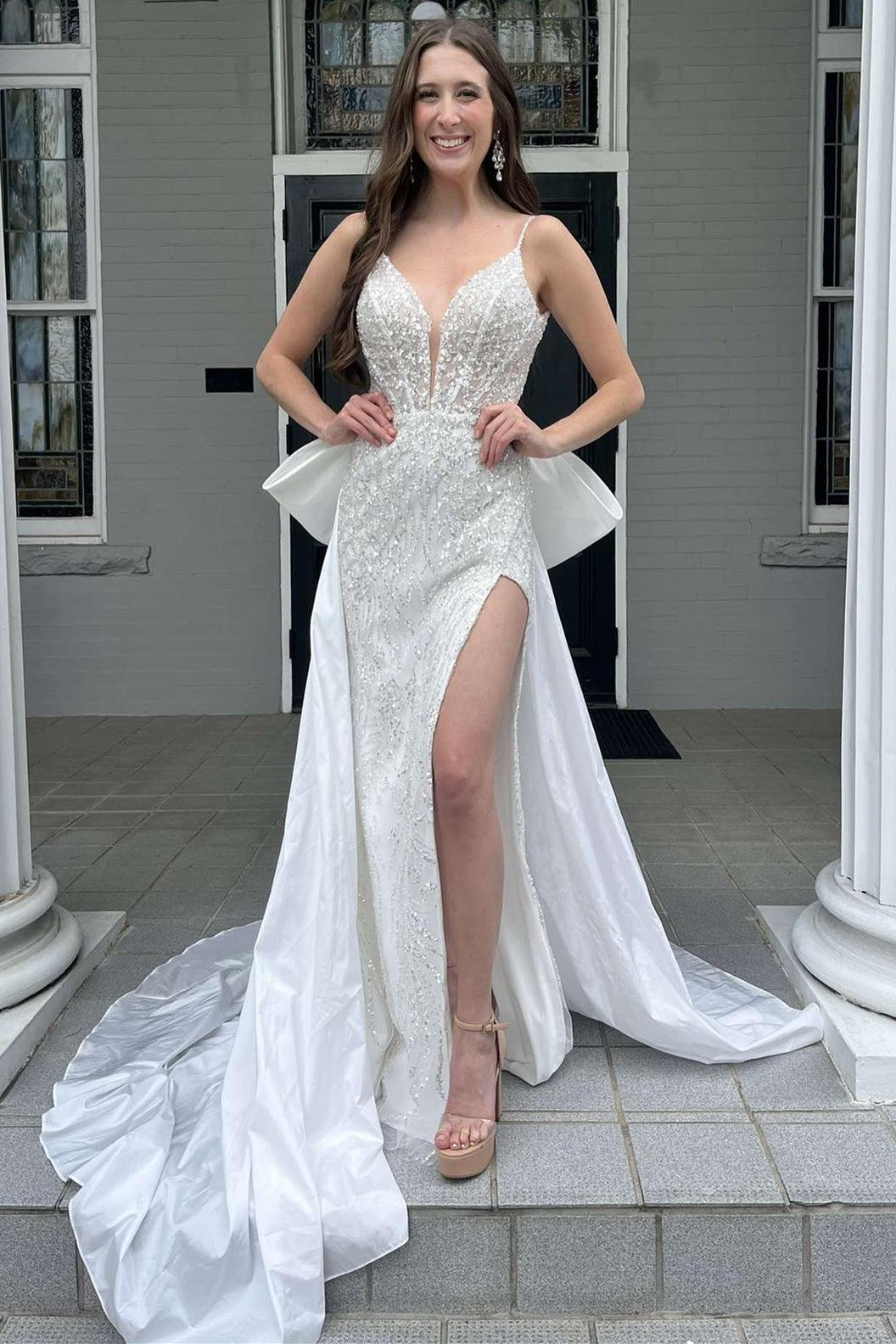 White Glitter Lace Plunge V Mermaid Wedding Dress with Attached Train Modsele White Glitter Lace Plunge V Mermaid Wedding Dress with Attached Train Modsele