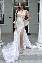 White Glitter Lace Plunge V Mermaid Wedding Dress with Attached Train