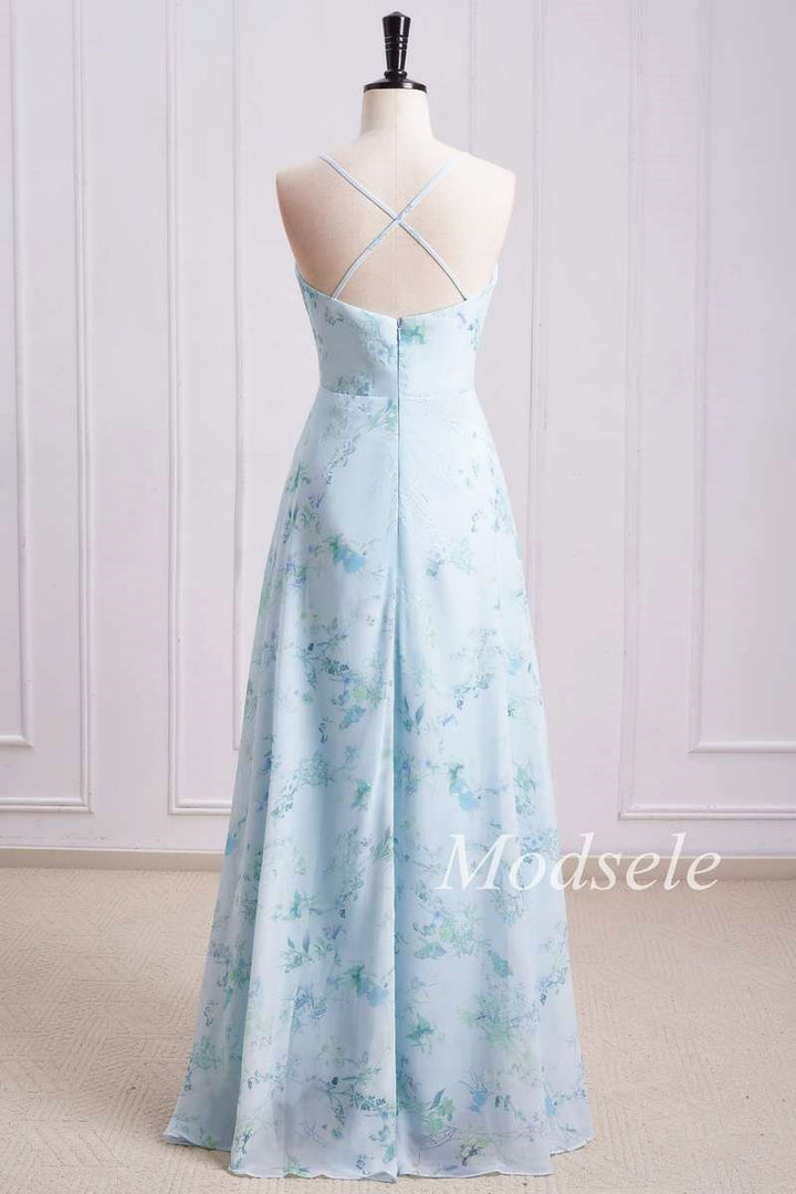 back of Floral Print Cowl Neck Cross-Back Chiffon Bridesmaid Dress