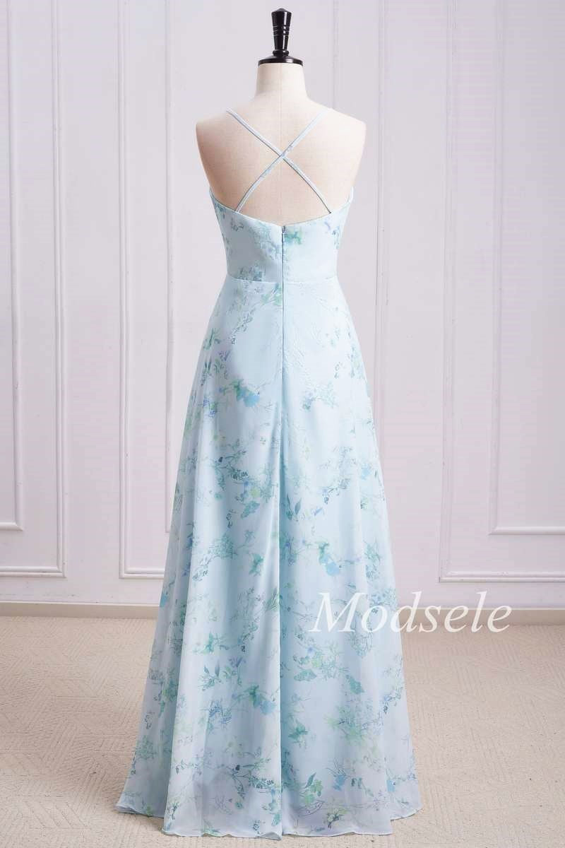 back of Floral Print Cowl Neck Cross-Back Chiffon Bridesmaid Dress