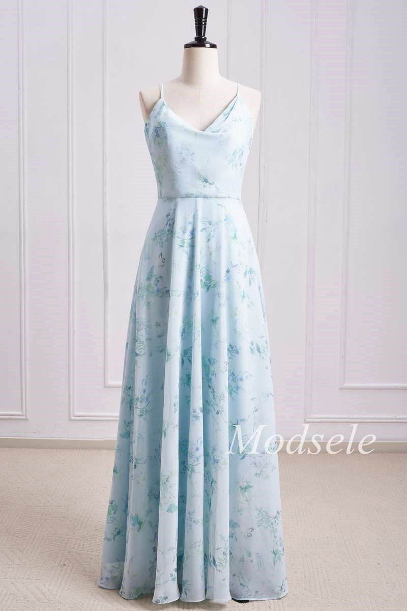 Floral Print Cowl Neck Cross-Back Chiffon Bridesmaid Dress Modsele Floral Print Cowl Neck Cross-Back Chiffon Bridesmaid Dress Modsele